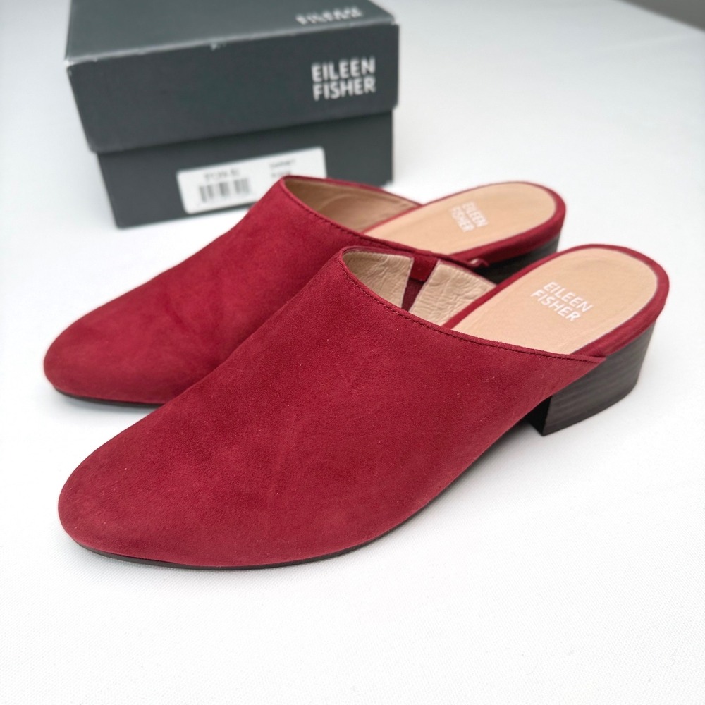 Eileen Fisher Sylvia Suede Mules Garnet Red 7M Capsule Career Luxury Chic